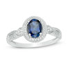 Thumbnail Image 0 of Oval Lab-Created Blue Sapphire and 0.115 CT. T.W. Diamond Frame Vintage-Style Ring in 10K White Gold