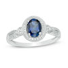 Thumbnail Image 1 of Oval Lab-Created Blue Sapphire and 0.115 CT. T.W. Diamond Frame Vintage-Style Ring in 10K White Gold