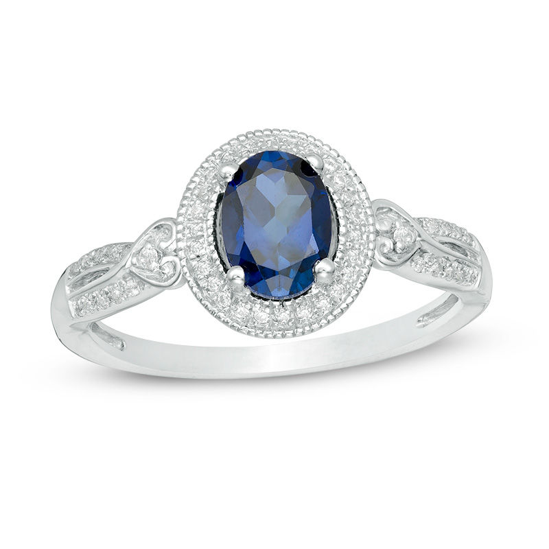 Oval Lab-Created Blue Sapphire and 0.115 CT. T.W. Diamond Frame Vintage-Style Ring in 10K White Gold