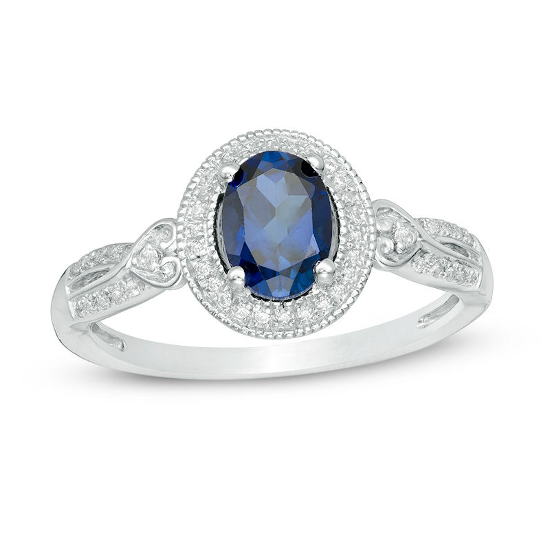 Oval Lab-Created Blue Sapphire and 0.115 CT. T.W. Diamond Frame Vintage-Style Ring in 10K White Gold