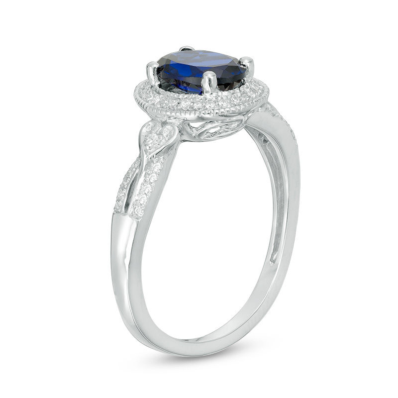 Oval Lab-Created Blue Sapphire and 0.115 CT. T.W. Diamond Frame Vintage-Style Ring in 10K White Gold