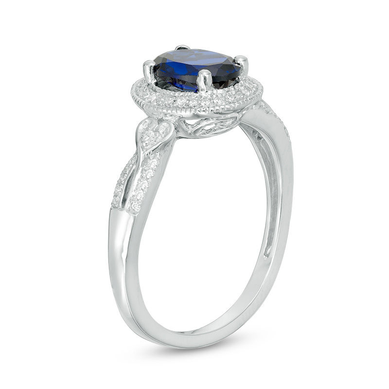Main Image 2 of Oval Lab-Created Blue Sapphire and 0.115 CT. T.W. Diamond Frame Vintage-Style Ring in 10K White Gold