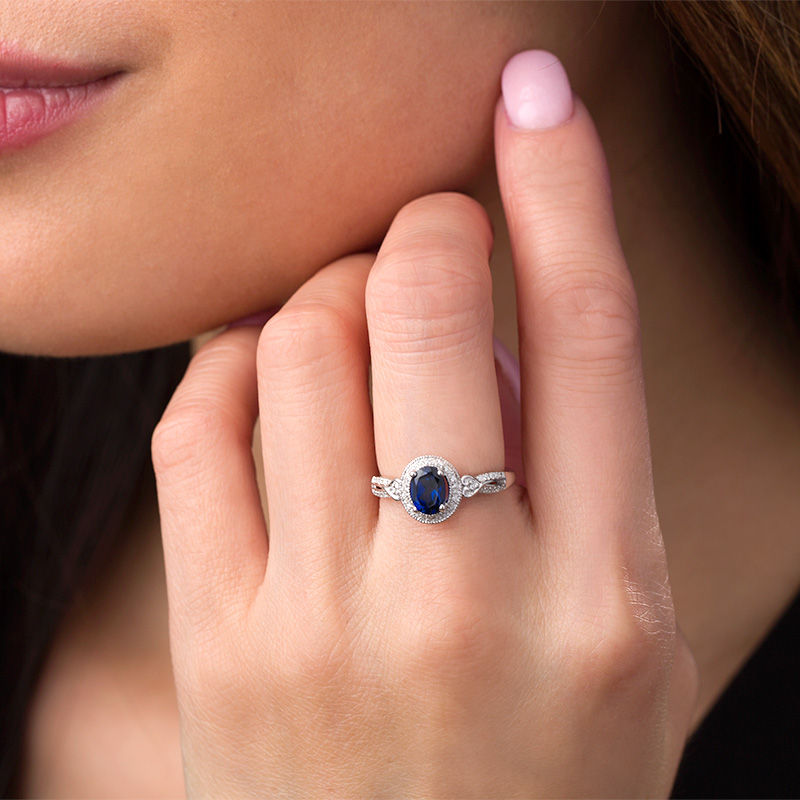 Oval Lab-Created Blue Sapphire and 0.115 CT. T.W. Diamond Frame Vintage-Style Ring in 10K White Gold