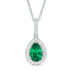 Pear-Shaped Lab-Created Emerald and 0.115 CT. T.W. Diamond Frame Pendant in Sterling Silver
