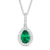 Thumbnail Image 1 of Pear-Shaped Lab-Created Emerald and 0.115 CT. T.W. Diamond Frame Pendant in Sterling Silver