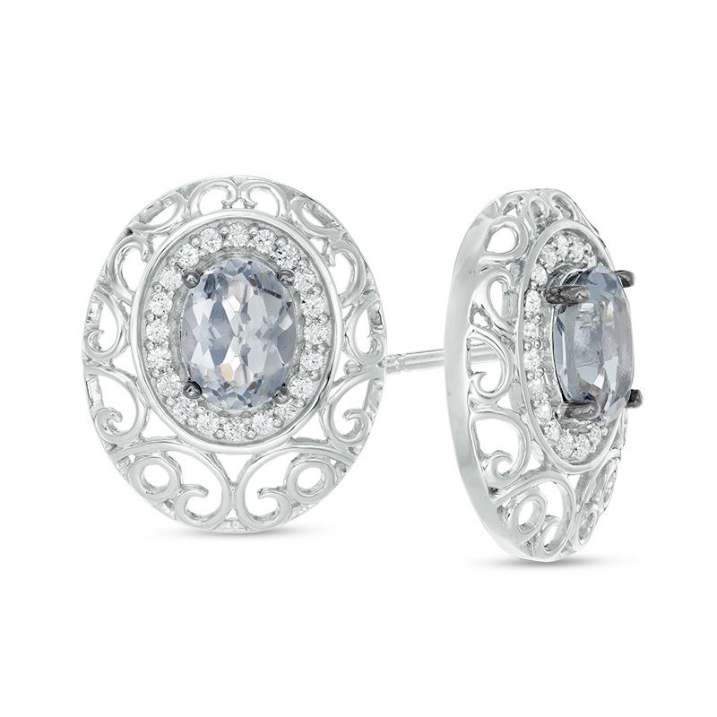 Oval Lab-Created Grey Spinel and White Sapphire Filigree Frame Stud Earrings in Sterling Silver|Peoples Jewellers