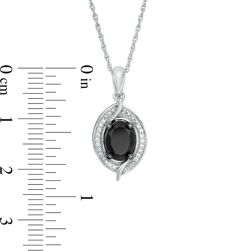 Oval Lab-Created Black Sapphire and 0.04 CT. T.W. Diamond Bead Bypass Swirl Frame Pendant in Sterling Silver