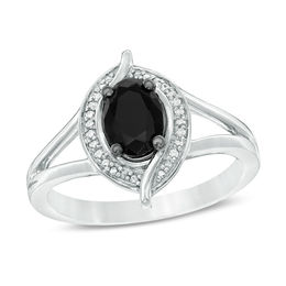 Oval Lab-Created Black Sapphire and 0.04 CT. T.W. Diamond Bead Bypass Swirl Frame Ring in Sterling Silver
