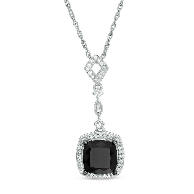 Cushion-Cut Lab-Created Black Sapphire and 0.085 CT. T.W. Diamond Frame Vintage-Style Drop Pendant in Sterling Silver