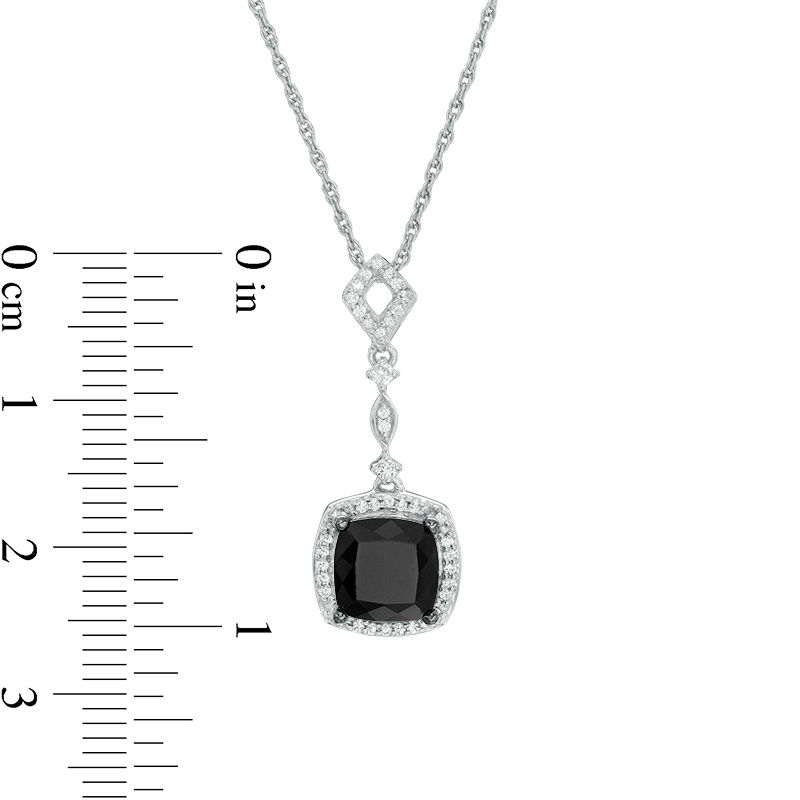 Cushion-Cut Lab-Created Black Sapphire and 0.085 CT. T.W. Diamond Frame Vintage-Style Drop Pendant in Sterling Silver