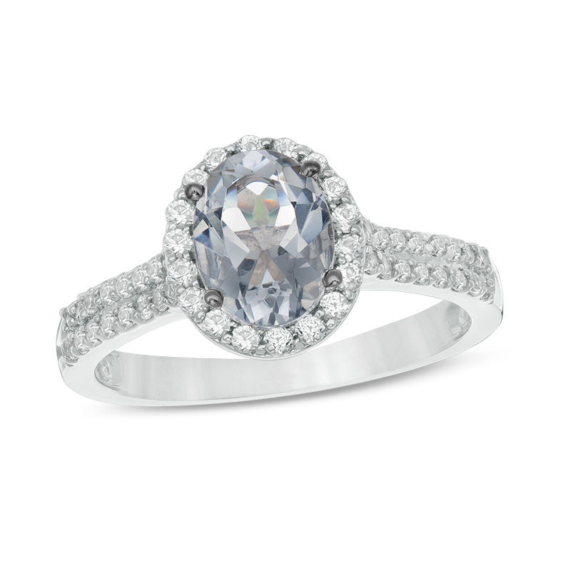 Oval Lab-Created Grey Spinel and White Sapphire Frame Double Row Ring in Sterling Silver