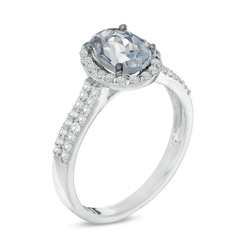 Oval Lab-Created Grey Spinel and White Sapphire Frame Double Row Ring in Sterling Silver