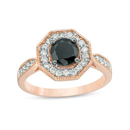 6.0mm Lab-Created Black Sapphire and 0.29 CT. T.W. Diamond Octagon Frame Vintage-Style Ring in 10K Rose Gold