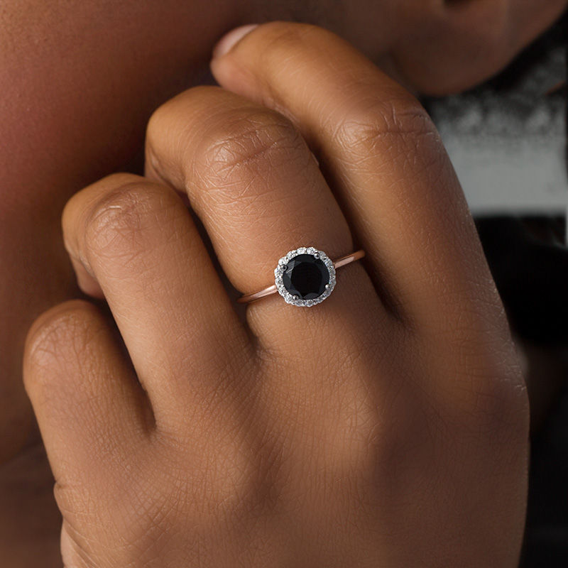 6.0mm Lab-Created Black Sapphire and 0.145 CT. T.W. Diamond Frame Ring in 10K Rose Gold