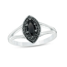 Marquise Lab-Created Black Sapphire and 0.086 CT. T.W. Black Diamond Frame Split Shank Ring in Sterling Silver
