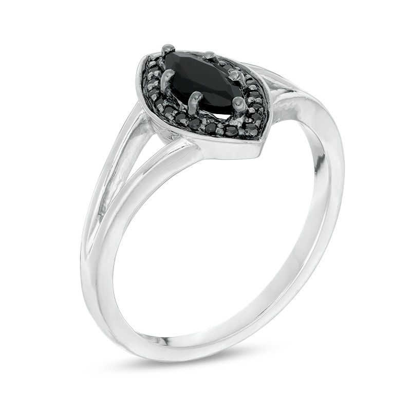 Main Image 2 of Marquise Lab-Created Black Sapphire and 0.086 CT. T.W. Black Diamond Frame Split Shank Ring in Sterling Silver