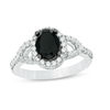 Thumbnail Image 1 of Oval Lab-Created Black and White Sapphire Frame Open Leaf Ring in Sterling Silver