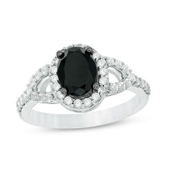 Oval Lab-Created Black and White Sapphire Frame Open Leaf Ring in Sterling Silver