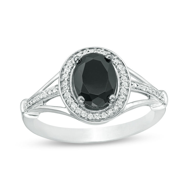 Oval Lab-Created Black Sapphire and 0.085 CT. T.W. Diamond Frame Triple Row Split Shank Ring in Sterling Silver