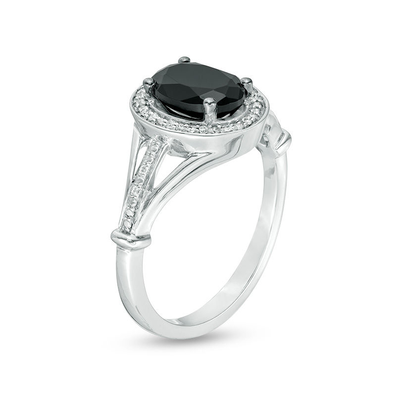 Oval Lab-Created Black Sapphire and 0.085 CT. T.W. Diamond Frame Triple Row Split Shank Ring in Sterling Silver