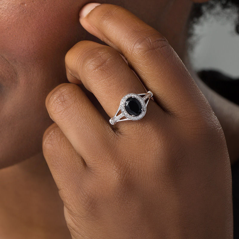 Oval Lab-Created Black Sapphire and 0.085 CT. T.W. Diamond Frame Triple Row Split Shank Ring in Sterling Silver