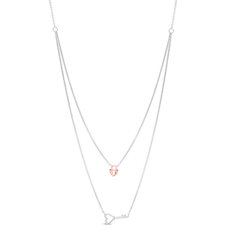 Diamond Accent Heart-Top Key and Heart Lock Double Strand Necklace in Sterling Silver and 10K Rose Gold - 25"