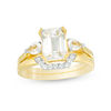 Thumbnail Image 1 of Emerald-Cut Lab-Created White Sapphire Three Stone Geometric Bridal Set in Sterling Silver with 14K Gold Plate