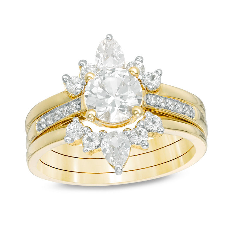 Lab-Created White Sapphire and 0.04 CT. T.W. Diamond Three Piece Bridal Set in Sterling Silver with 14K Gold Plate