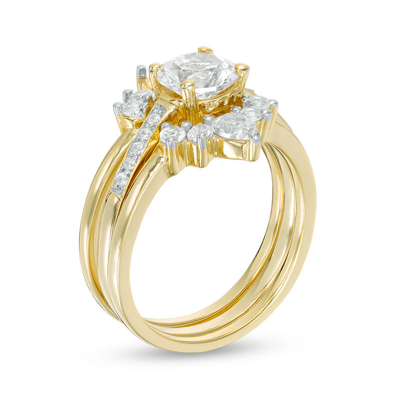 Lab-Created White Sapphire and 0.04 CT. T.W. Diamond Three Piece Bridal Set in Sterling Silver with 14K Gold Plate