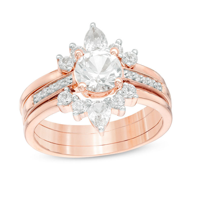 Lab-Created White Sapphire and 0.04 CT. T.W. Diamond Three Piece Bridal Set in Sterling Silver with 14K Rose Gold Plate|Peoples Jewellers