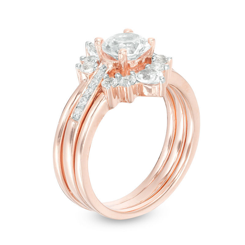 Main Image 2 of Lab-Created White Sapphire and 0.04 CT. T.W. Diamond Three Piece Bridal Set in Sterling Silver with 14K Rose Gold Plate