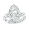 Thumbnail Image 1 of Pear-Shaped Lab-Created White Sapphire and 0.116 CT. T.W. Diamond Frame Bridal Set in Sterling Silver