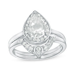 Pear-Shaped Lab-Created White Sapphire and 0.116 CT. T.W. Diamond Frame Bridal Set in Sterling Silver