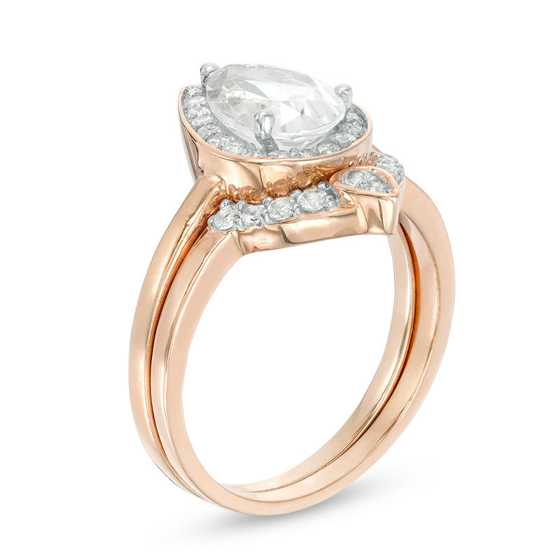 Pear-Shaped Lab-Created White Sapphire and 0.116 CT. T.W. Diamond Bridal Set in Sterling Silver with 14K Rose Gold Plate