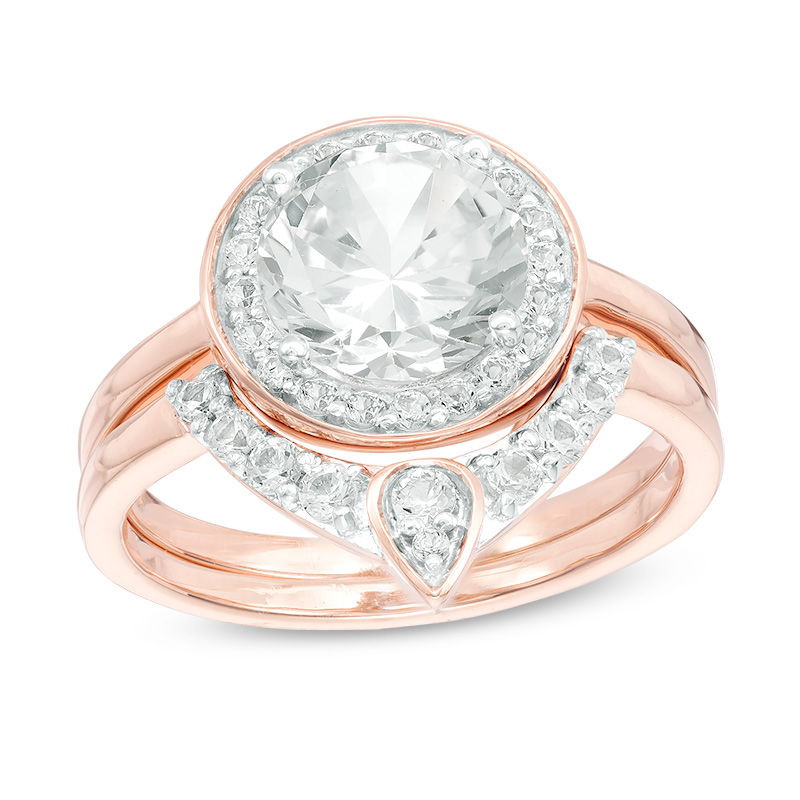 8.0mm Lab-Created White Sapphire Bridal Set in Sterling Silver with 14K Rose Gold Plate