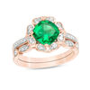 Thumbnail Image 0 of 7.0mm Cushion-Cut Lab-Created Emerald and 0.29 CT. T.W. Diamond Flower Frame Bridal Set in 10K Rose Gold