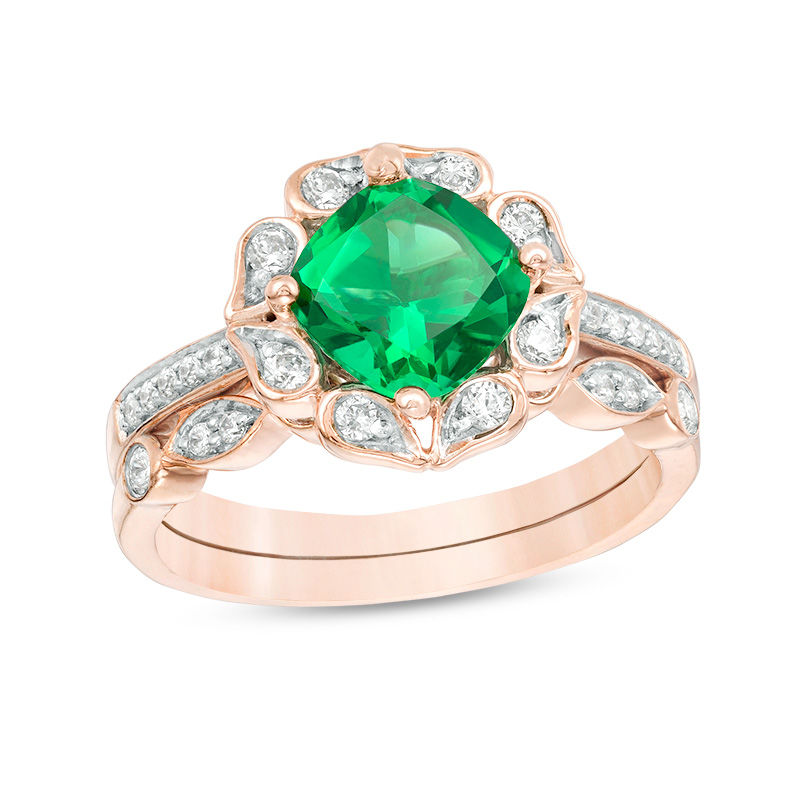 7.0mm Cushion-Cut Lab-Created Emerald and 0.29 CT. T.W. Diamond Flower Frame Bridal Set in 10K Rose Gold