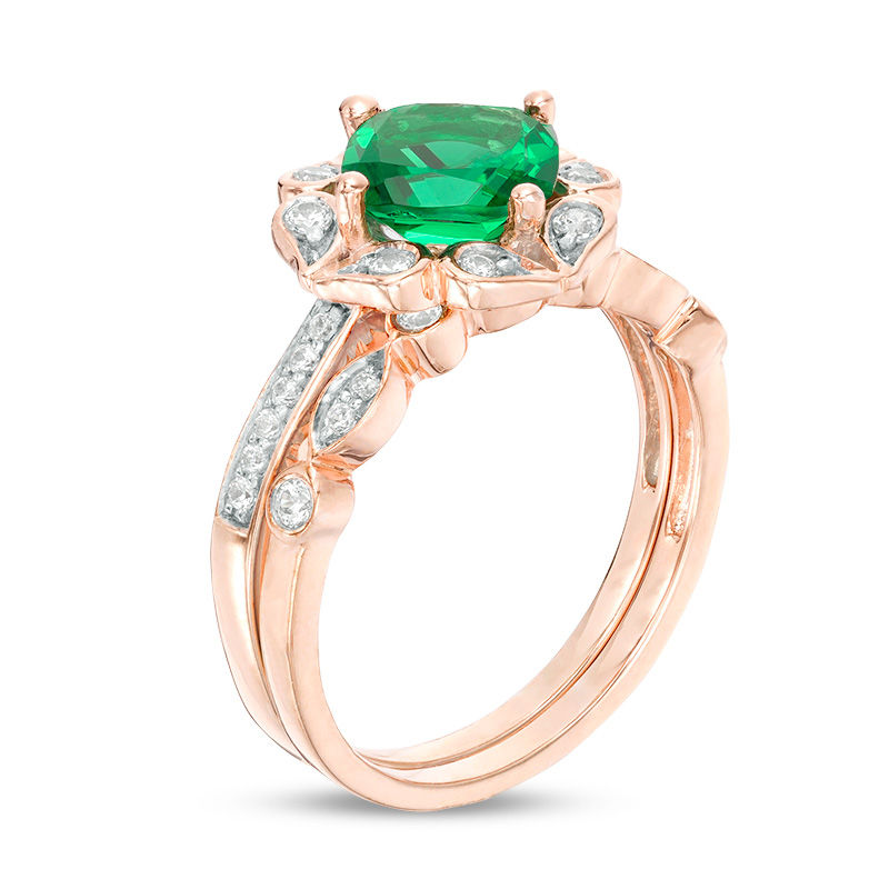 7.0mm Cushion-Cut Lab-Created Emerald and 0.29 CT. T.W. Diamond Flower Frame Bridal Set in 10K Rose Gold
