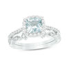 Thumbnail Image 1 of 6.0mm Cushion-Cut Aquamarine and 0.22 CT. T.W. Diamond Frame Art Deco Bridal Set in 10K White Gold