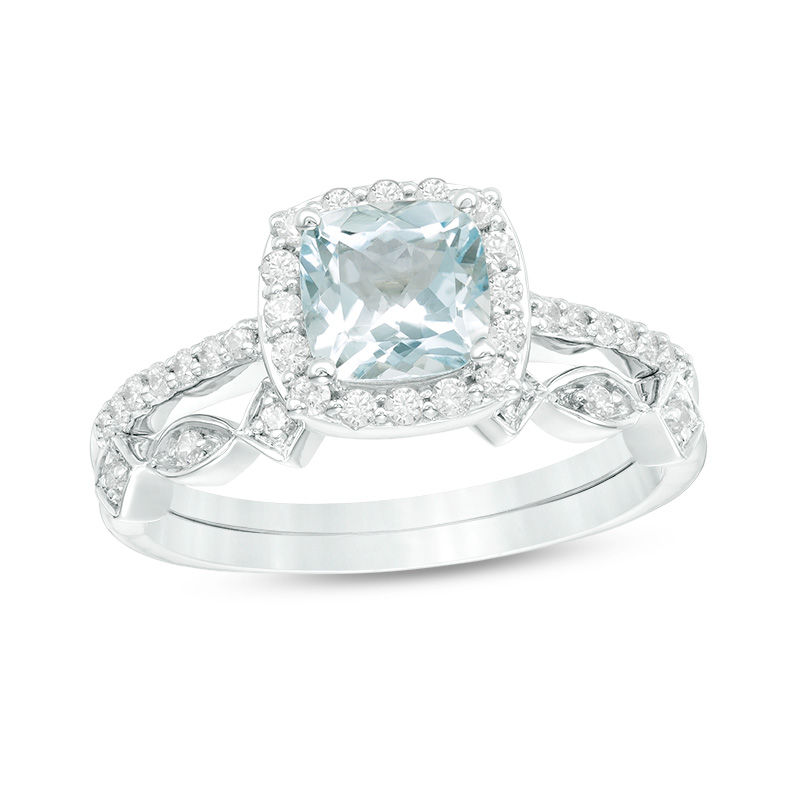 6.0mm Cushion-Cut Aquamarine and 0.22 CT. T.W. Diamond Frame Art Deco Bridal Set in 10K White Gold|Peoples Jewellers