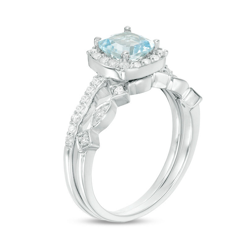 Main Image 2 of 6.0mm Cushion-Cut Aquamarine and 0.22 CT. T.W. Diamond Frame Art Deco Bridal Set in 10K White Gold