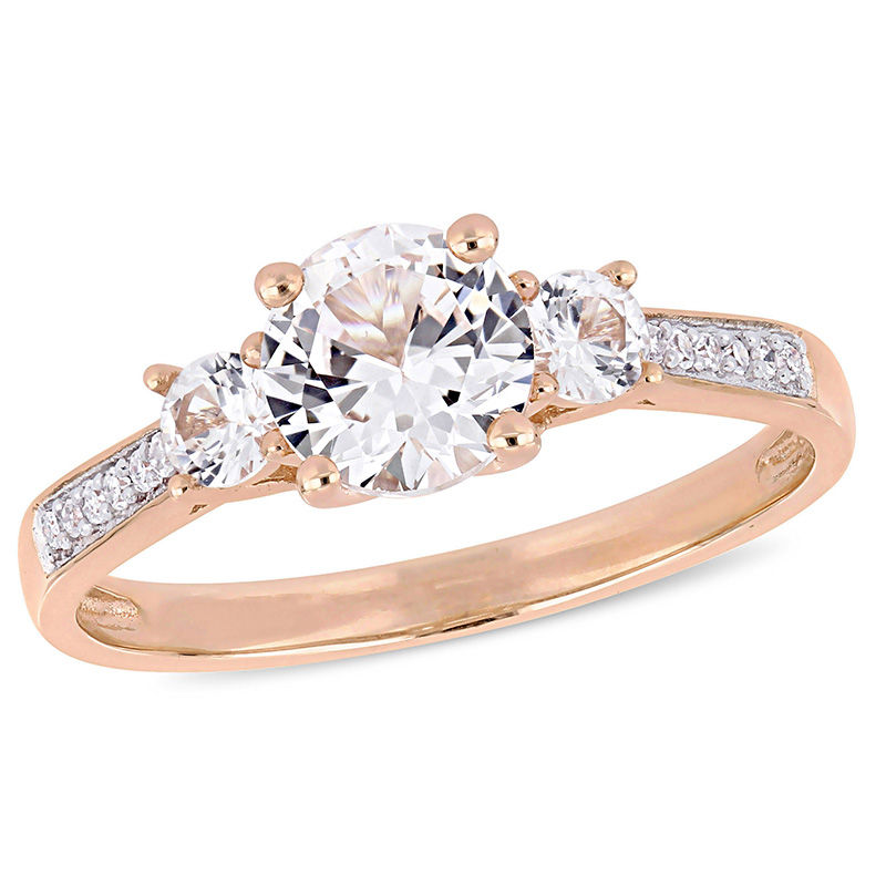 Lab-Created White Sapphire and 0.04 CT. T.W. Diamond Three Stone Engagement Ring in 10K Rose Gold|Peoples Jewellers