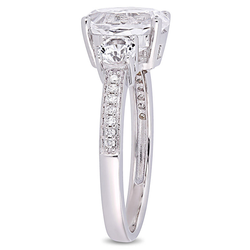 Main Image 2 of Oval Lab-Created White Sapphire and 0.07 CT. T.W. Diamond Three Stone Engagement Ring in 10K White Gold