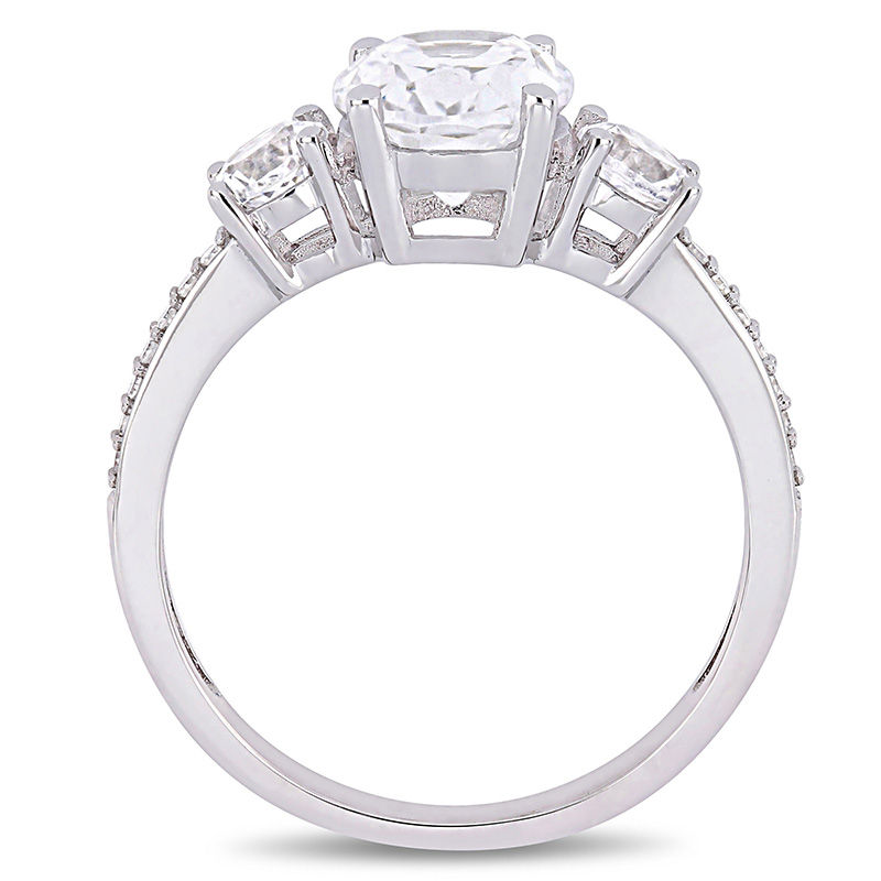 Main Image 3 of Oval Lab-Created White Sapphire and 0.07 CT. T.W. Diamond Three Stone Engagement Ring in 10K White Gold