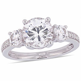 Lab-Created White Sapphire and 0.07 CT. T.W. Diamond Three Stone Engagement Ring in 10K White Gold