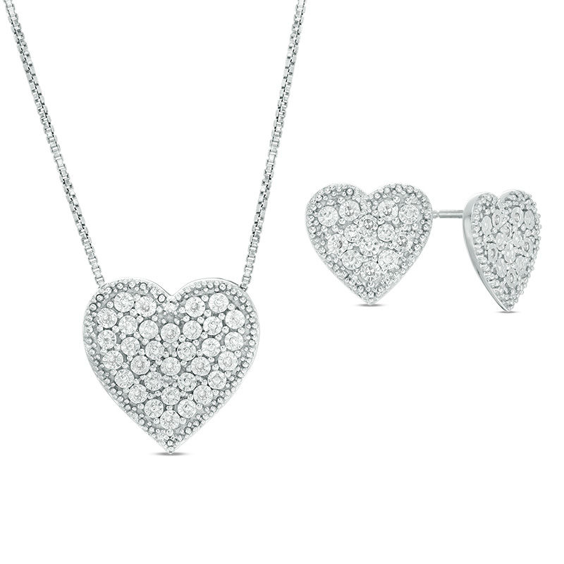 0.09 CT. T.W. Composite Diamond Heart Pendant and Stud Earrings Set in Sterling Silver|Peoples Jewellers