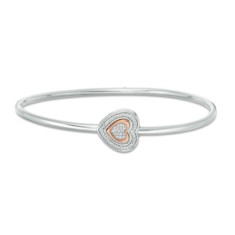 Convertibilities 0.085 CT. T.W. Diamond Heart Frame Flex Two-in-One Bangle in Sterling Silver and 10K Rose Gold
