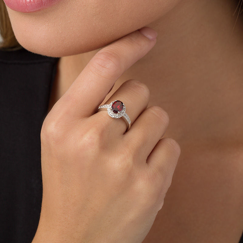 Main Image 3 of Oval Garnet and Lab-Created White Sapphire Frame Vintage-Style Ring in Sterling Silver