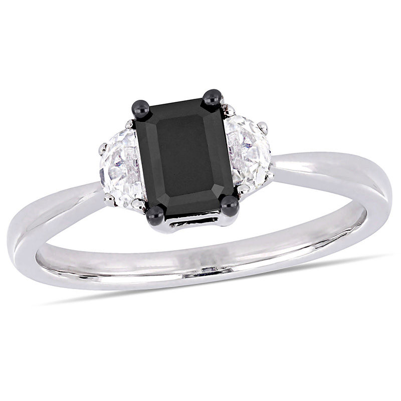 0.70 CT. Emerald-Cut Black Diamond and White Sapphire Three Stone Engagement Ring in 10K White Gold|Peoples Jewellers