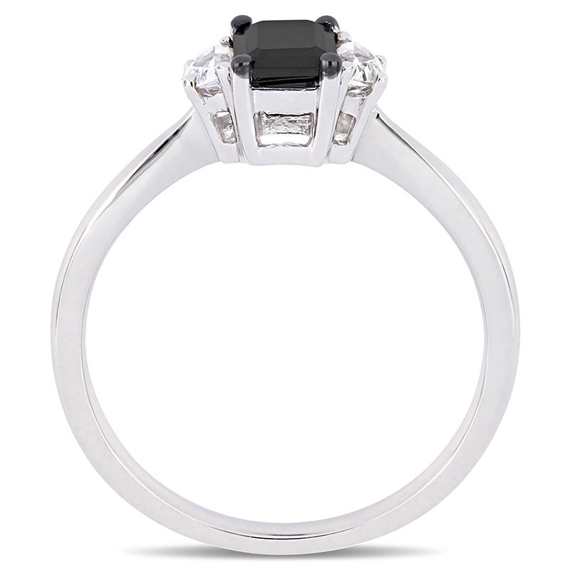 Main Image 3 of 0.70 CT. Emerald-Cut Black Diamond and White Sapphire Three Stone Engagement Ring in 10K White Gold